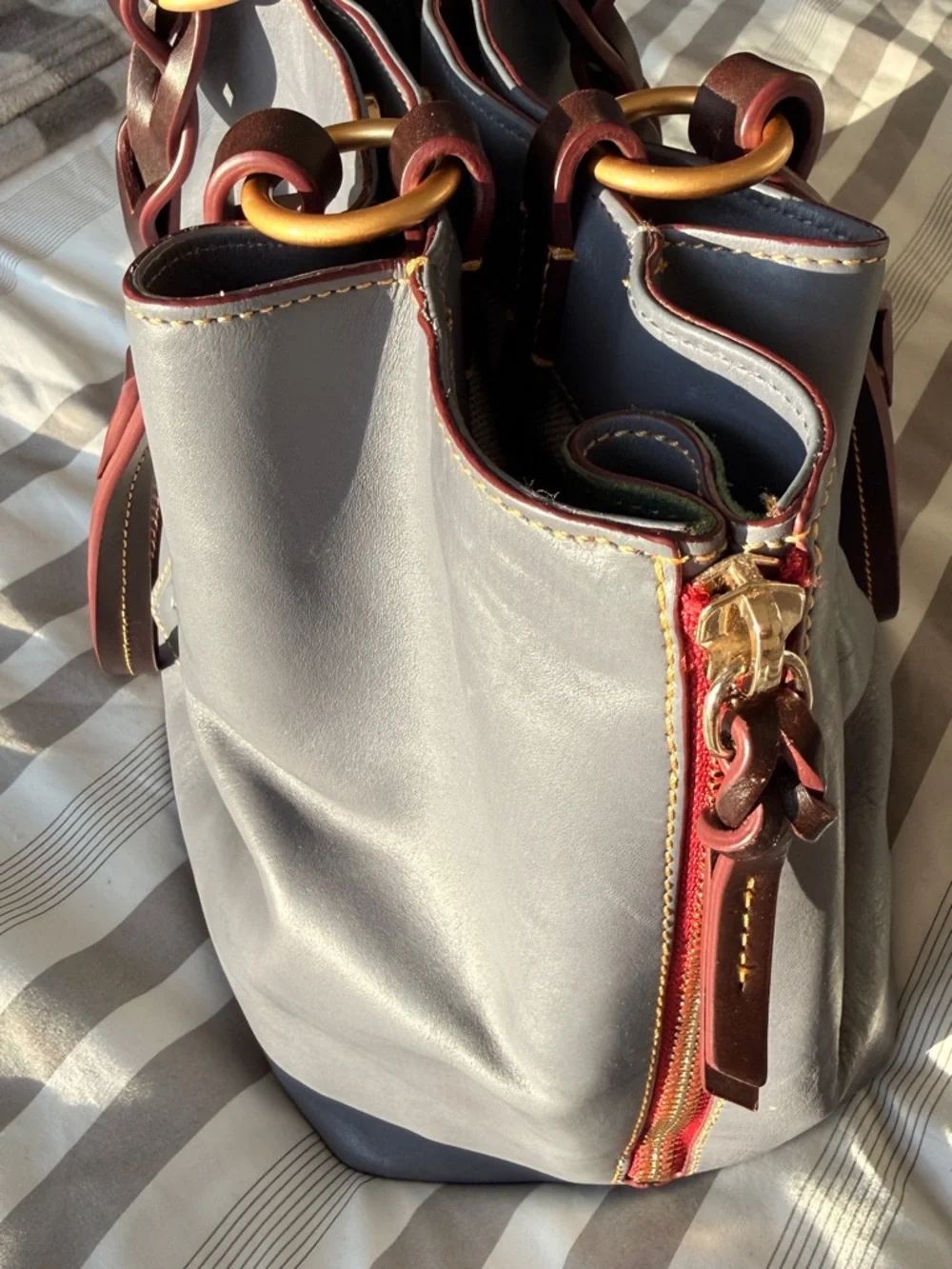 Dooney & Bourke Blue Tote with Brown Braided Handles and Gold Rings - Picture 8 of 11